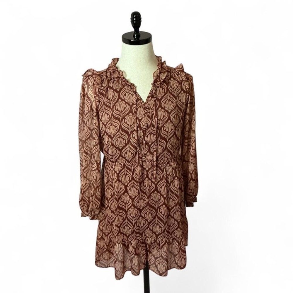 Lauren Conrad Boho Ruffle Mini Dress Womens S Brown Floral Shimmer Long Sleeve